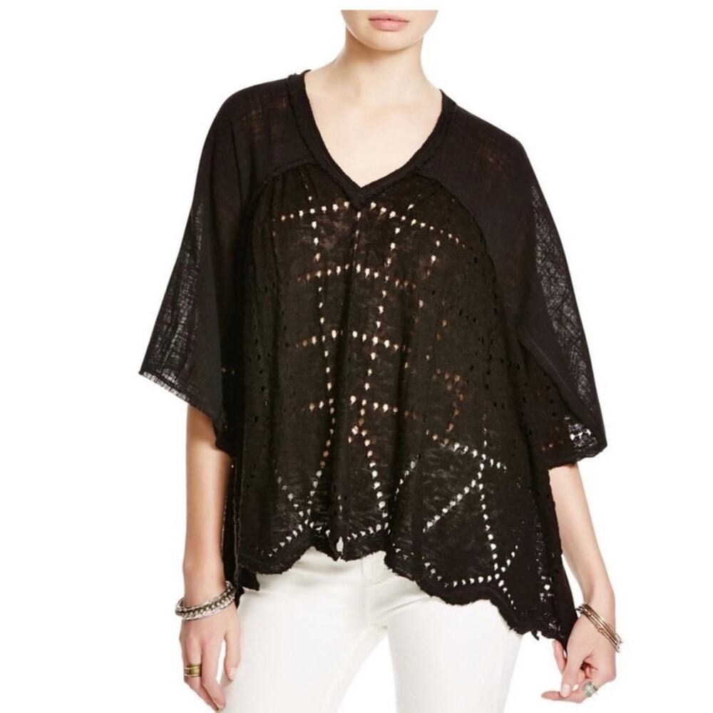 Free People Black V Neck Raw Hem 3/4 Sleeve Beach Cover Up S
